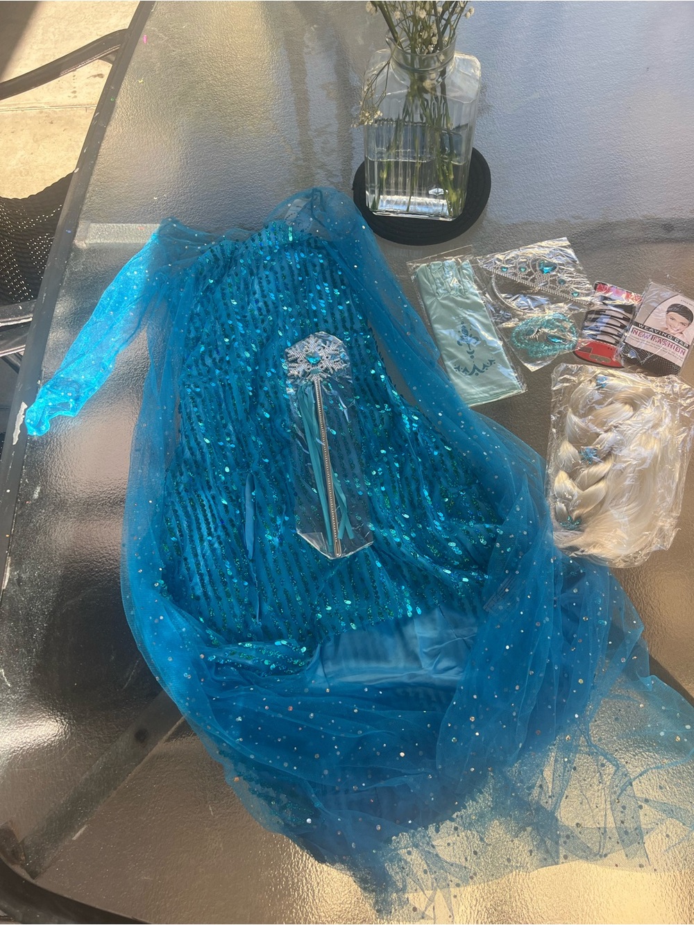 Girls Blue Sequin Princess Costume with Cape, Wand & Braid
